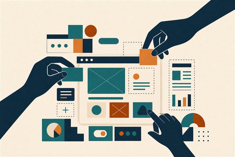 Editorial illustration of hands assembling interface components and screens, representing product design.
