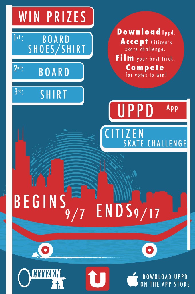 Citizen Skate Challenge flyer: film your best trick, compete for votes to win board, shoes, and apparel